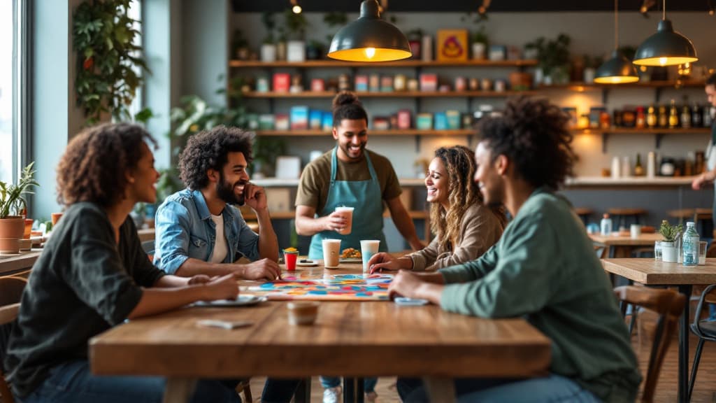 Friends enjoying board games at Squarrel Cafe